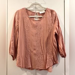 Renee C. 3/4 Sleeve Embroidered Shirt, Pink, Size M